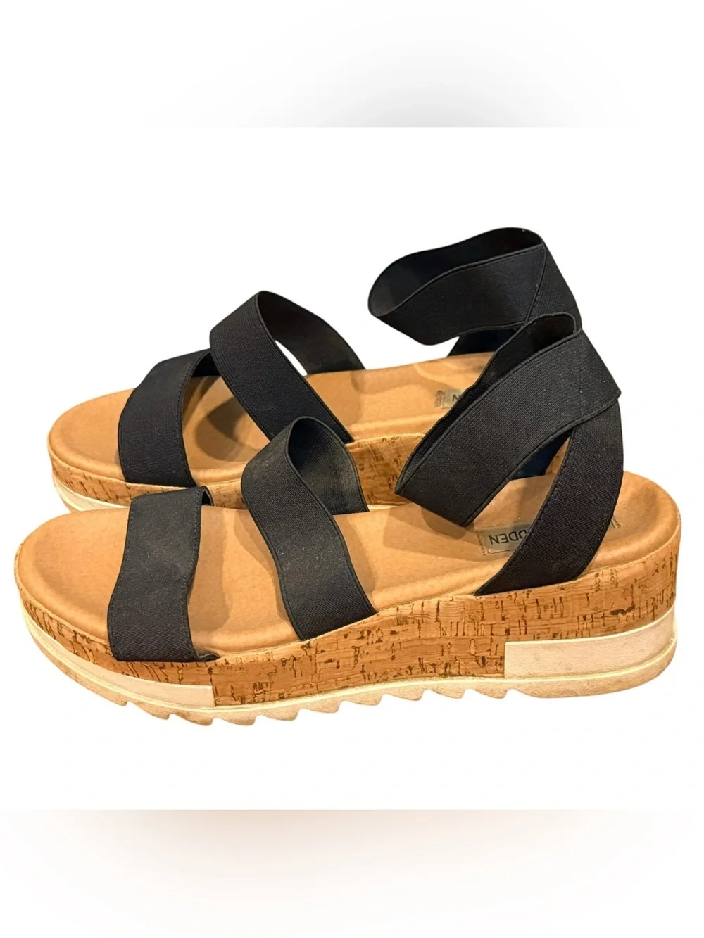 Steve Madden Bandi Black Elastic Crisscross Cork Platform Sandals Size 9